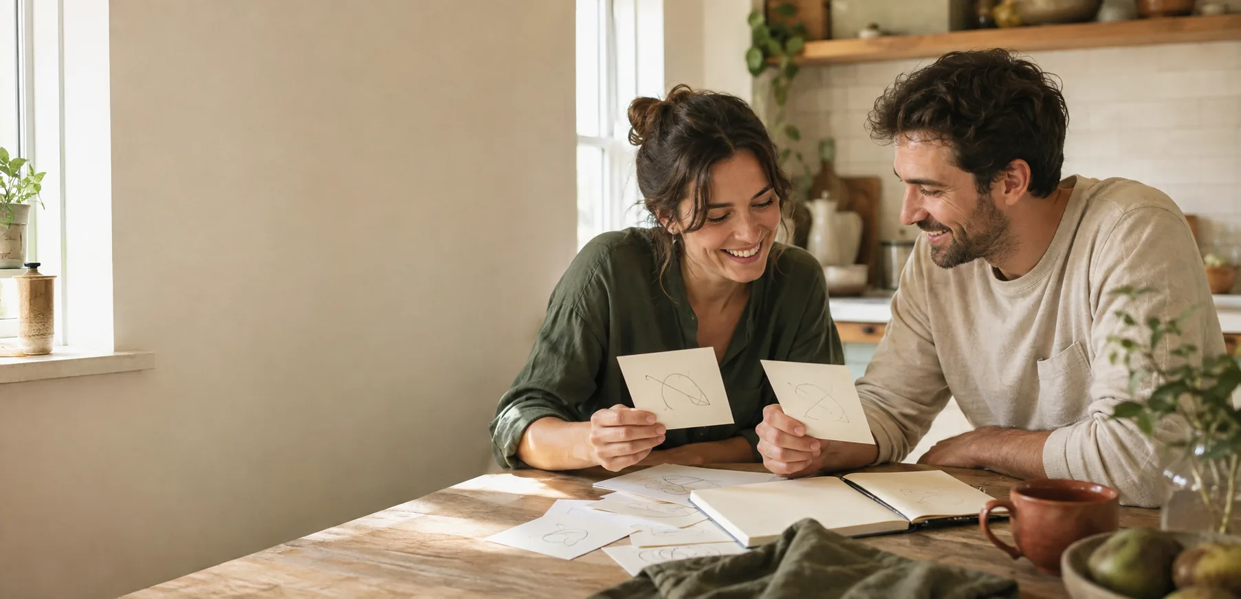A happy adult couple choosing date-idea cards together at a kitchen table