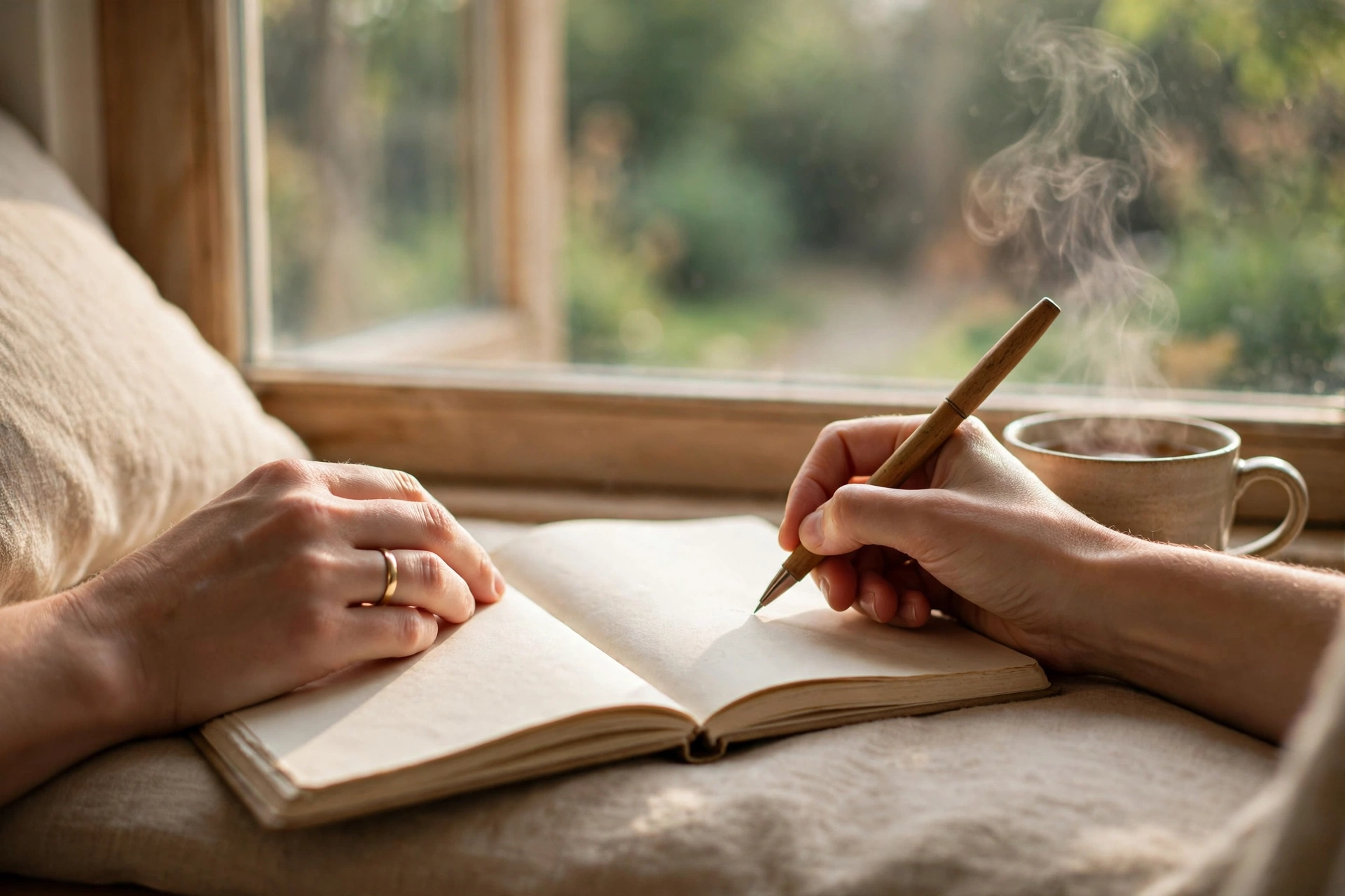 An adult woman writing in a journal at a bright window seat, a wedding band visible on her hand, in soft morning light