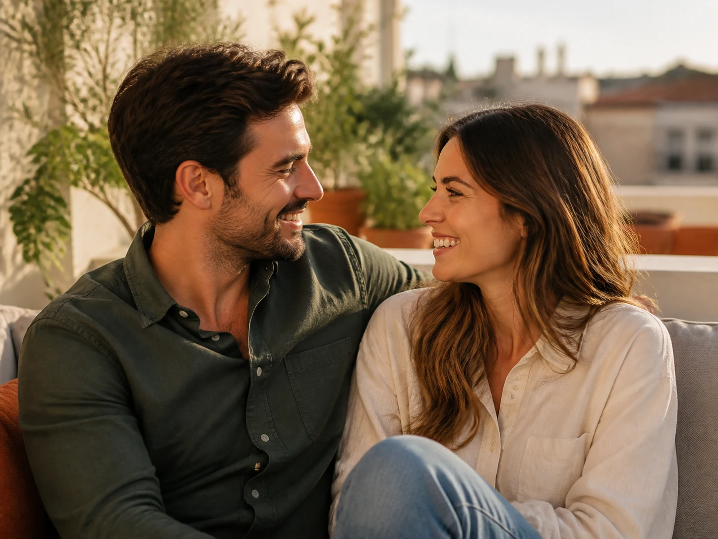 A happy adult couple sharing a relaxed moment outdoors