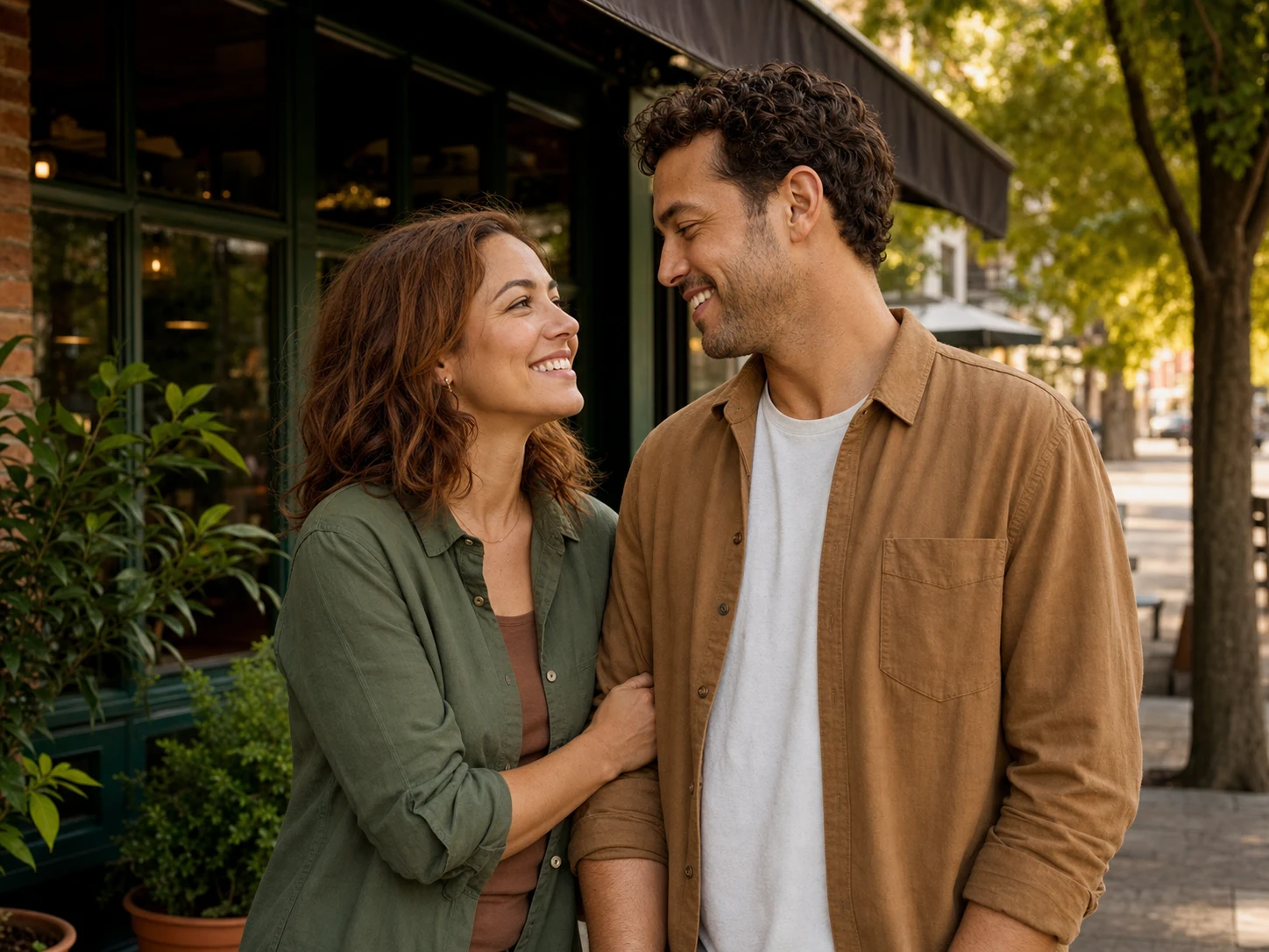 A warm, casually dressed adult couple sharing an easy smile outside a neighborhood cafe