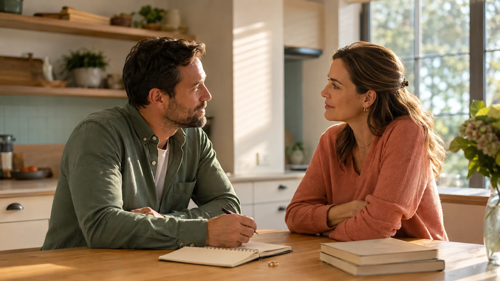 An adult couple having a thoughtful conversation at a sunlit table with a notebook and two plain books