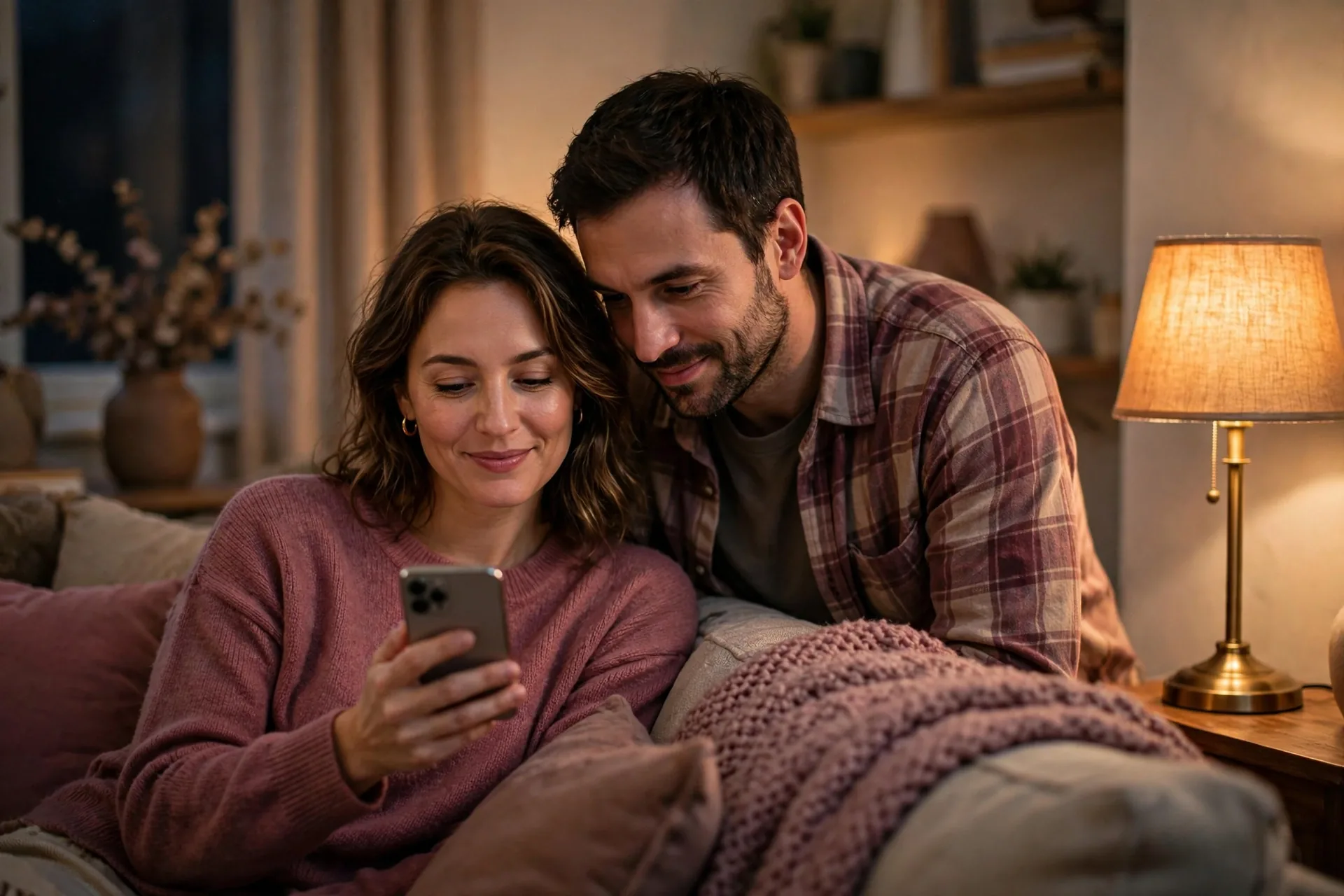 An adult couple relaxing on a couch in warm evening light, the woman smiling at her smartphone while the man leans in beside her