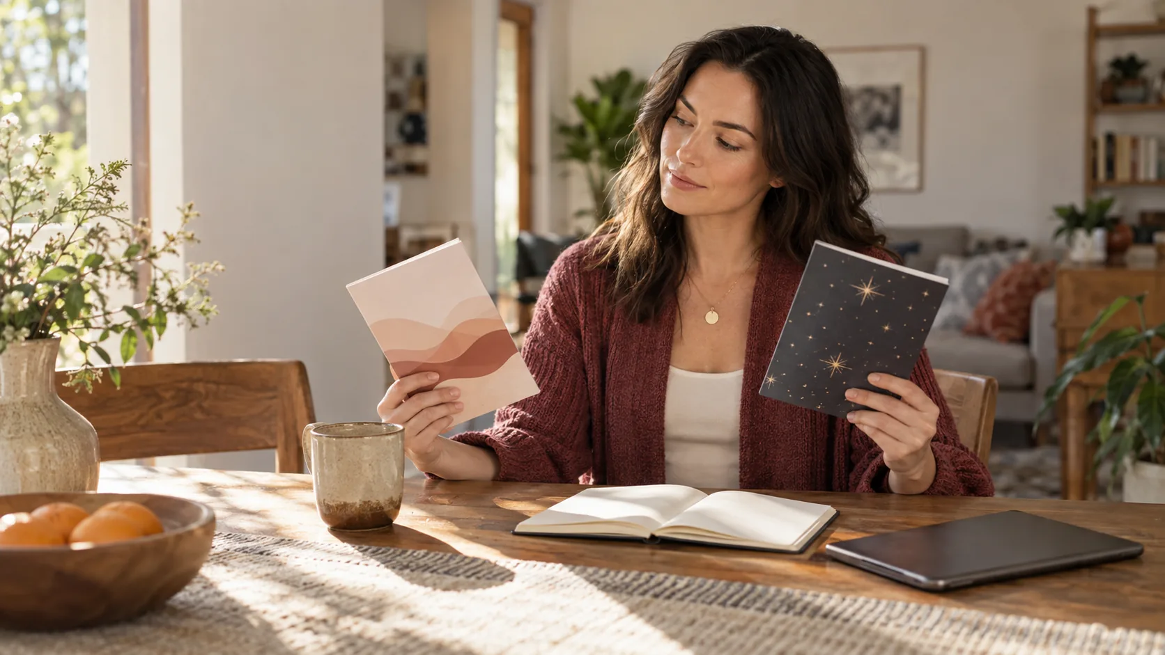 An adult woman at a sunlit table thoughtfully comparing two unbranded relationship guide booklets beside a notebook and tablet