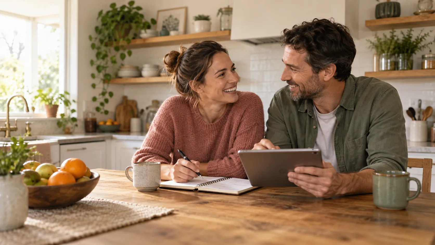 An adult couple smiling at each other while reviewing a notebook and tablet together at a sunlit kitchen table
